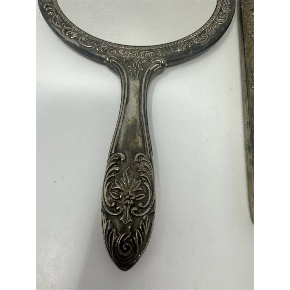 Silver Plated Vanity Set Vtg Hand Mirror Hair Brush Comb Victorian Art Nouveau